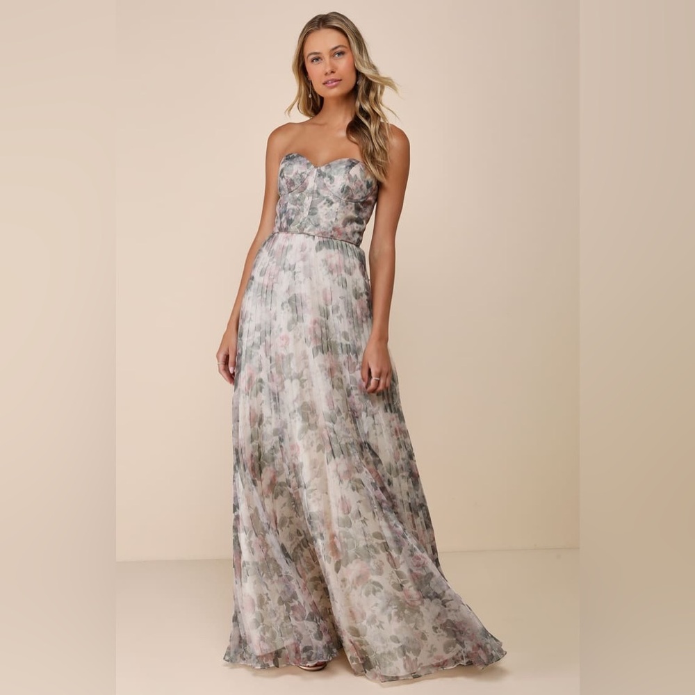 Lulu's Strapless Floral Chiffon Gown in Pink and Green. Hemmed for 5 3 or 5 4